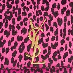 Saint Laurent Neon Pink Leopard Print Leather Monogram Cassandre Clutch