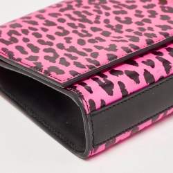 Saint Laurent Neon Pink Leopard Print Leather Monogram Cassandre Clutch