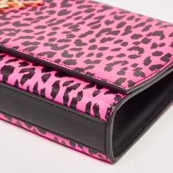 Saint Laurent Neon Pink Leopard Print Leather Monogram Cassandre Clutch