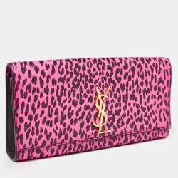 Saint Laurent Neon Pink Leopard Print Leather Monogram Cassandre Clutch