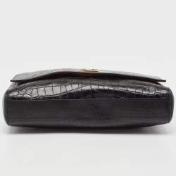 Pre Owned Saint Laurent Black Croc Embossed Leather and Suede Reversible Kate Bag