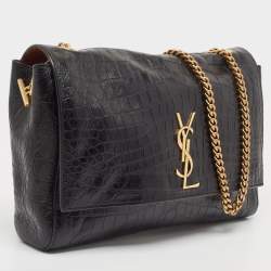 Pre Owned Saint Laurent Black Croc Embossed Leather and Suede Reversible Kate Bag