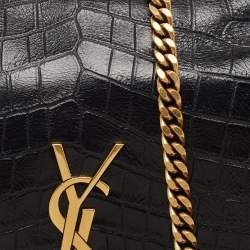 Pre Owned Saint Laurent Black Croc Embossed Leather and Suede Reversible Kate Bag