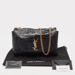 Pre Owned Saint Laurent Black Croc Embossed Leather and Suede Reversible Kate Bag