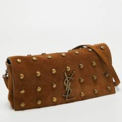 Saint Laurent Brown Suede Studded Kate Baguette Bag