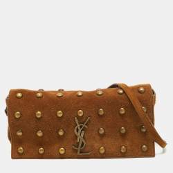Saint Laurent Brown Suede Studded Kate Baguette Bag