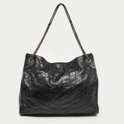 Pre Owned Saint Laurent Black Crinkled Leather Large Niko Shopper Tote