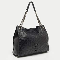 Pre Owned Saint Laurent Black Crinkled Leather Large Niko Shopper Tote