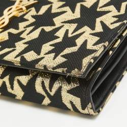 Pre Owned Saint Laurent Gold/Black Star Print Canvas and Canvas Monogram Wallet on Chain