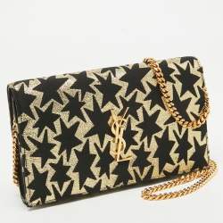 Pre Owned Saint Laurent Gold/Black Star Print Canvas and Canvas Monogram Wallet on Chain