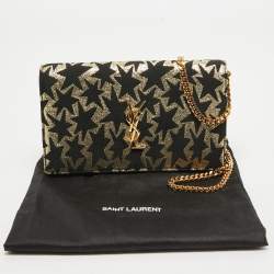 Pre Owned Saint Laurent Gold/Black Star Print Canvas and Canvas Monogram Wallet on Chain