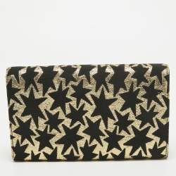 Pre Owned Saint Laurent Gold/Black Star Print Canvas and Canvas Monogram Wallet on Chain