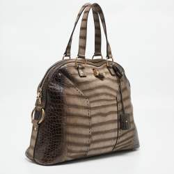 Yves Saint Laurent Brown/Khaki Croc Embossed Nubuck Oversized Muse Bag