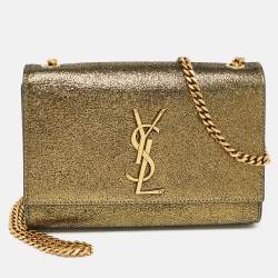 Saint Laurent Gold Crackled Leather New Small Kate Wallet on Chain