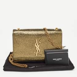 Saint Laurent Gold Crackled Leather New Small Kate Wallet on Chain