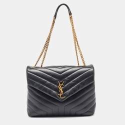 Pre Owned Saint Laurent Black Matelassé Leather Medium LouLou Shoulder Bag