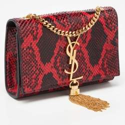 Pre Owned Saint Laurent Red/Black Python Embossed Leather Small Kate Wallet on Chain