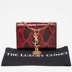 Pre Owned Saint Laurent Red/Black Python Embossed Leather Small Kate Wallet on Chain