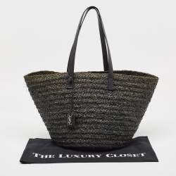 Pre Owned Saint Laurent Black Woven Raffia and Leather Basket Bag