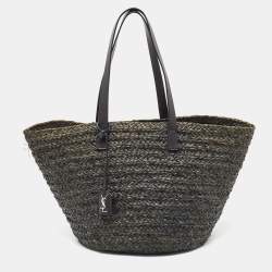 Pre Owned Saint Laurent Black Woven Raffia and Leather Basket Bag