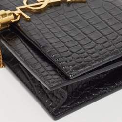 Pre Owned Saint Laurent Black Croc Embossed Leather Kate Tassel Chain Wallet