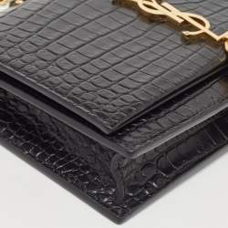 Pre Owned Saint Laurent Black Croc Embossed Leather Kate Tassel Chain Wallet