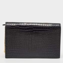 Pre Owned Saint Laurent Black Croc Embossed Leather Kate Tassel Chain Wallet
