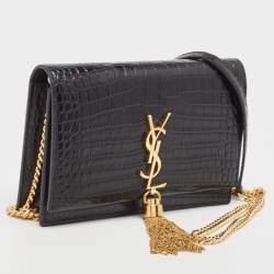 Pre Owned Saint Laurent Black Croc Embossed Leather Kate Tassel Chain Wallet