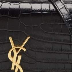 Pre Owned Saint Laurent Black Croc Embossed Leather Kate Tassel Chain Wallet