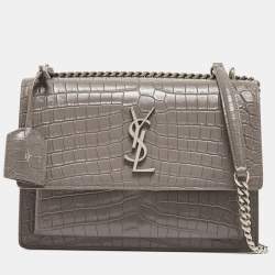 Saint Laurent Grey Croc Embossed Leather Medium Sunset Bag