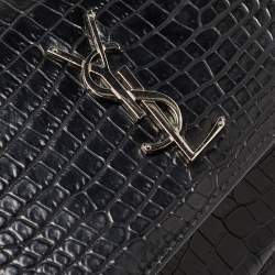 Saint Laurent Black Croc Embossed Leather Medium Sunset Bag