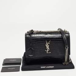 Saint Laurent Black Croc Embossed Leather Medium Sunset Bag