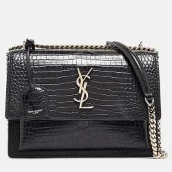 Saint Laurent Black Croc Embossed Leather Medium Sunset Bag
