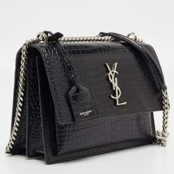 Saint Laurent Black Croc Embossed Leather Medium Sunset Bag