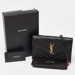 Saint Laurent Black Matelasse Leather Monogram Envelope Wallet on Chain