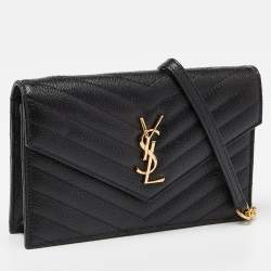 Saint Laurent Black Matelasse Leather Monogram Envelope Wallet on Chain