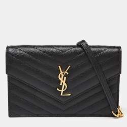 Saint Laurent Black Matelasse Leather Monogram Envelope Wallet on Chain