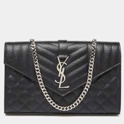 Saint Laurent Black Mix Matelassé Leather Monogram Envelope Wallet on Chain