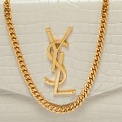 Pre Owned Saint Laurent Cream Croc Embossed Leather Uptown Wallet on Chain