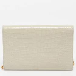 Pre Owned Saint Laurent Cream Croc Embossed Leather Uptown Wallet on Chain