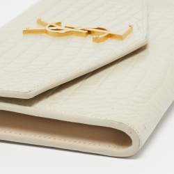 Pre Owned Saint Laurent Cream Croc Embossed Leather Uptown Wallet on Chain