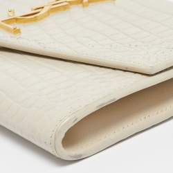 Pre Owned Saint Laurent Cream Croc Embossed Leather Uptown Wallet on Chain