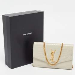 Pre Owned Saint Laurent Cream Croc Embossed Leather Uptown Wallet on Chain