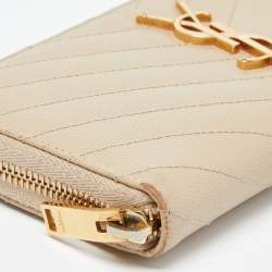 Saint Laurent Beige Leather Monogram Zip Around Wallet