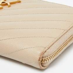 Saint Laurent Beige Leather Monogram Zip Around Wallet