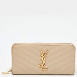 Saint Laurent Beige Leather Monogram Zip Around Wallet