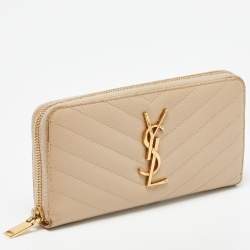 Saint Laurent Beige Leather Monogram Zip Around Wallet