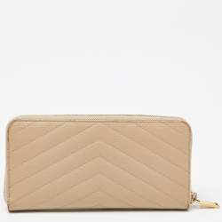 Saint Laurent Beige Leather Monogram Zip Around Wallet