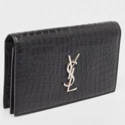 Pre Owned Saint Laurent Black Croc Embossed Leather Monogram Kate Clutch