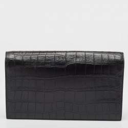 Pre Owned Saint Laurent Black Croc Embossed Leather Monogram Kate Clutch